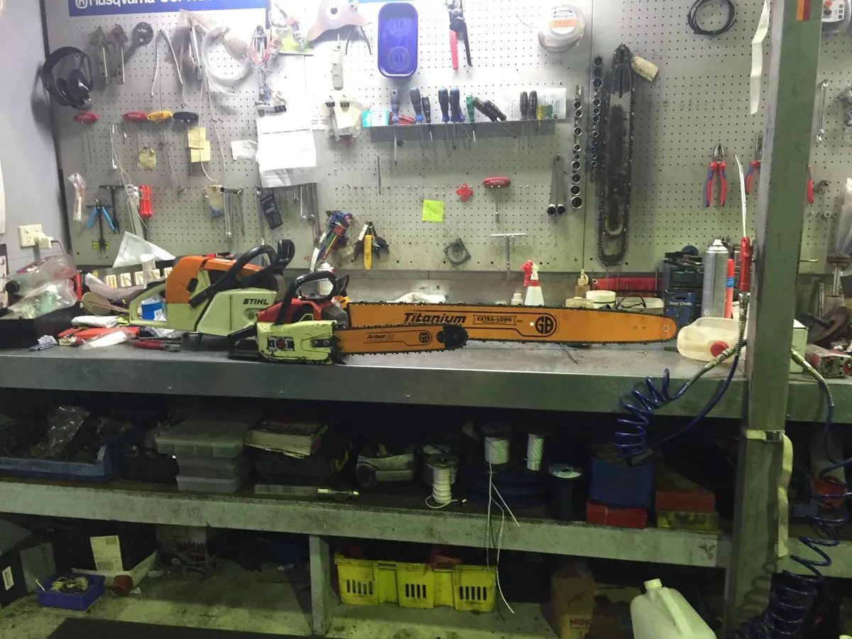 Workshop bench with chainsaws
